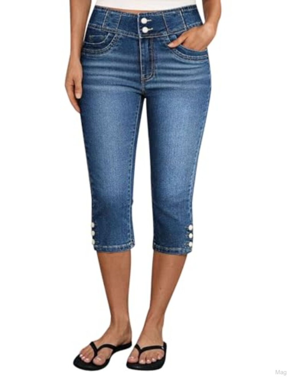 Mid Rise Capri Skinny Jeans with Button Hem - Cotton Spandex Stretch
